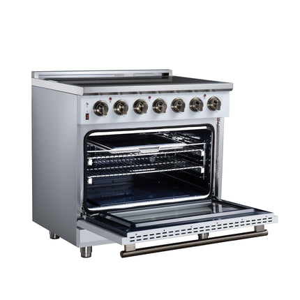 Massimo 36 Inch Freestanding Electric range, 5 radiant burners, 5.36 cf. True Convection oven, Air fryer kit, White FORNO