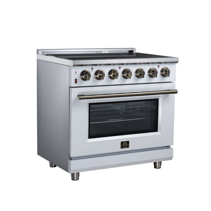 Massimo 36 Inch Freestanding Electric range, 5 radiant burners, 5.36 cf. True Convection oven, Air fryer kit, White FORNO