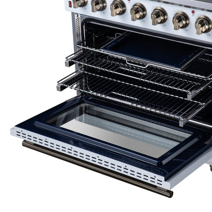 Massimo 36 Inch Freestanding Electric range, 5 radiant burners, 5.36 cf. True Convection oven, Air fryer kit, White FORNO