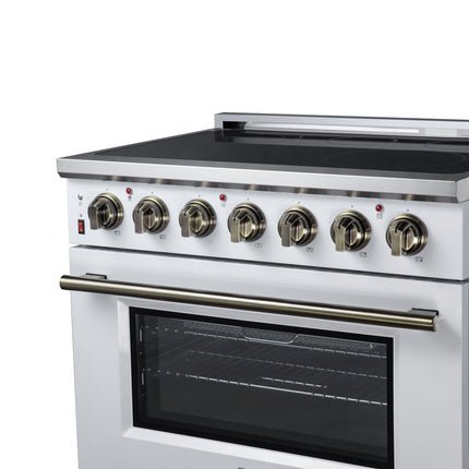 Massimo 36 Inch Freestanding Electric range, 5 radiant burners, 5.36 cf. True Convection oven, Air fryer kit, White FORNO