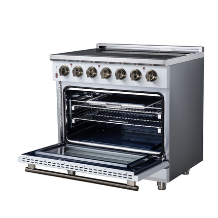 Massimo 36 Inch Freestanding Electric range, 5 radiant burners, 5.36 cf. True Convection oven, Air fryer kit, White FORNO