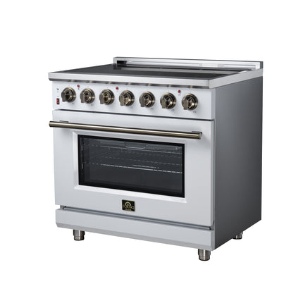 Massimo 36 Inch Freestanding Electric range, 5 radiant burners, 5.36 cf. True Convection oven, Air fryer kit, White FORNO