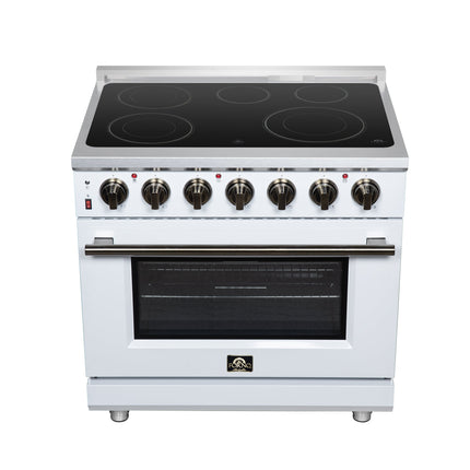 Massimo 36 Inch Freestanding Electric range, 5 radiant burners, 5.36 cf. True Convection oven, Air fryer kit, White FORNO