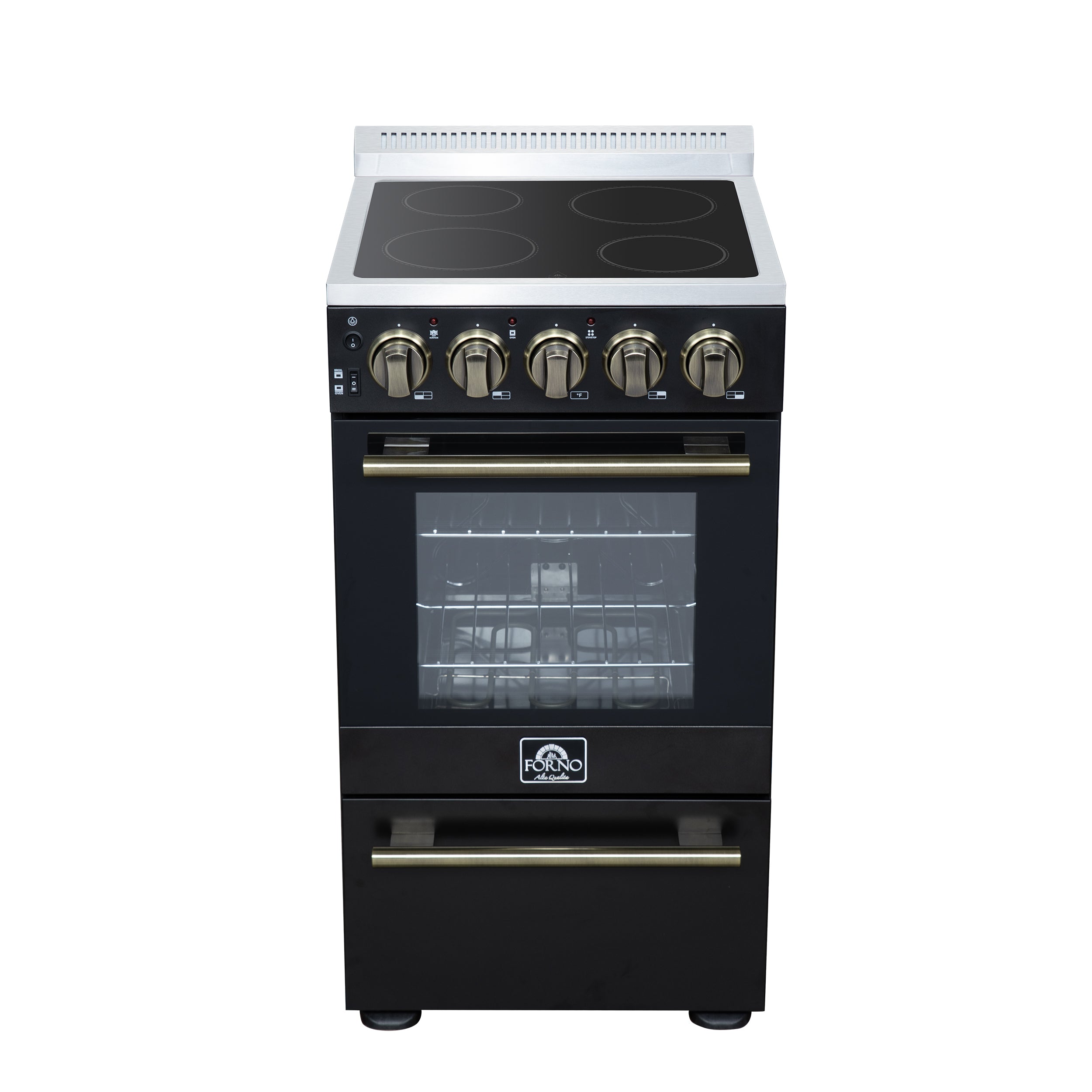 Forno Pallerano 20 Inch Freestanding Electric Range in Black with Antique Brass, Compact Design