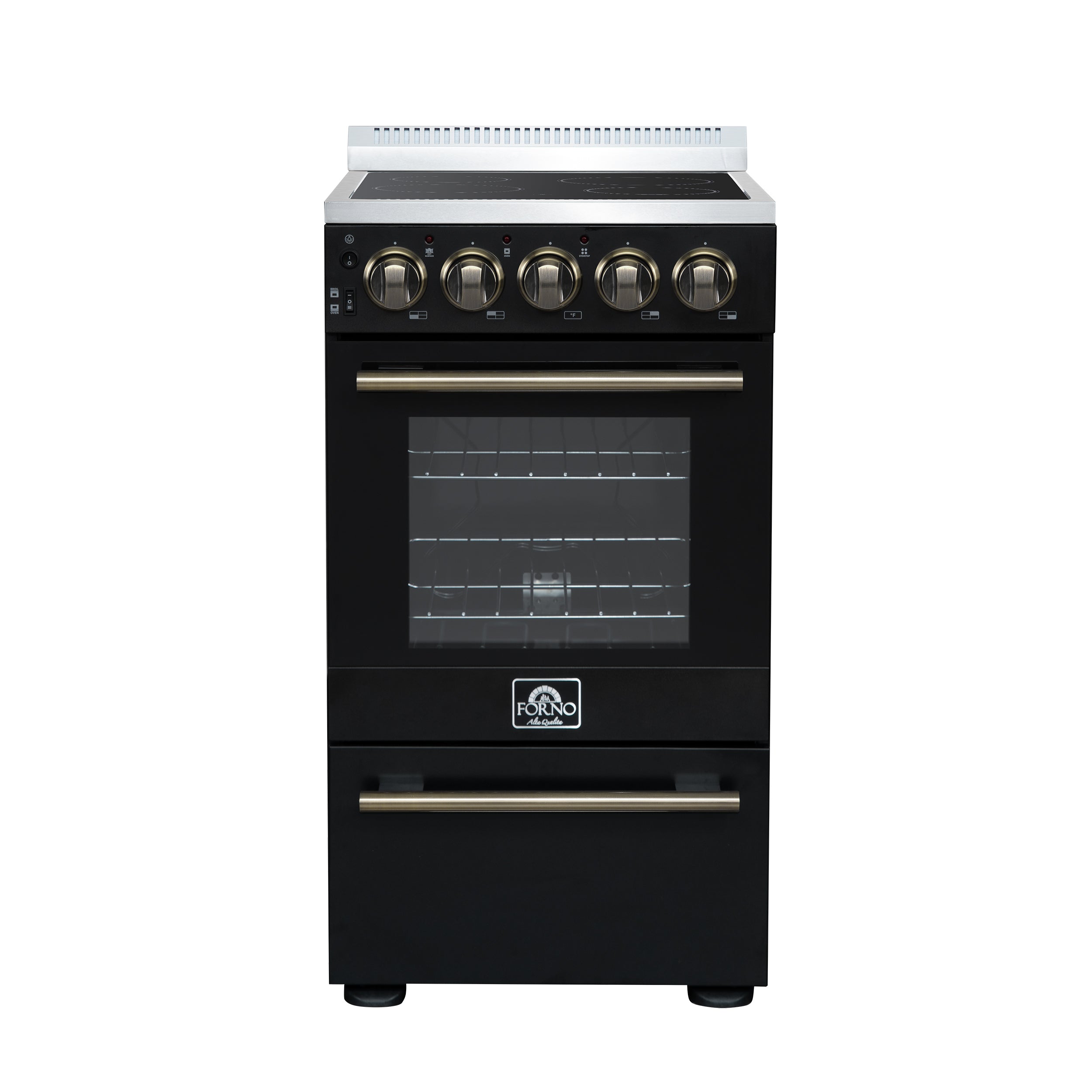 Forno Pallerano 20 Inch Freestanding Electric Range in Black with Antique Brass, Compact Design