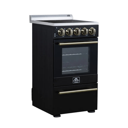 Forno Pallerano 20 Inch Freestanding Electric Range in Black with Antique Brass, Compact Design FORNO