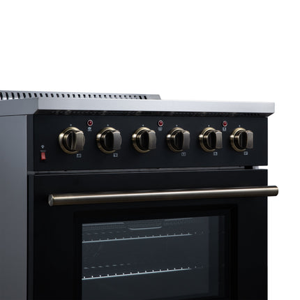 Galiano 30 Inch Freestanding Electric range, 4 radiant burners, 4.32 cf. True Convection oven, Air fryer kit, Black FORNO