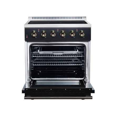 Galiano 30 Inch Freestanding Electric range, 4 radiant burners, 4.32 cf. True Convection oven, Air fryer kit, Black FORNO
