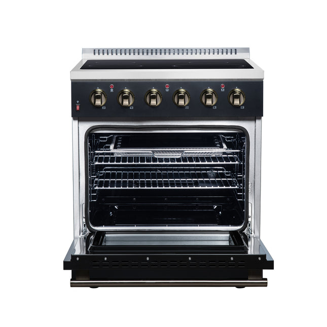 Galiano 30 Inch Freestanding Electric range, 4 radiant burners, 4.32 cf. True Convection oven, Air fryer kit, Black FORNO