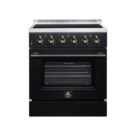 Galiano 30 Inch Freestanding Electric range, 4 radiant burners, 4.32 cf. True Convection oven, Air fryer kit, Black FORNO