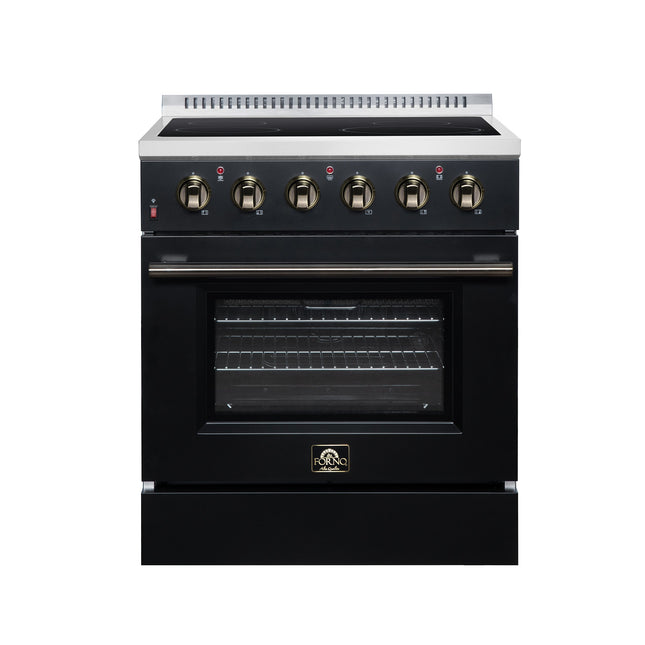 Galiano 30 Inch Freestanding Electric range, 4 radiant burners, 4.32 cf. True Convection oven, Air fryer kit, Black FORNO