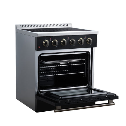 Galiano 30 Inch Freestanding Electric range, 4 radiant burners, 4.32 cf. True Convection oven, Air fryer kit, Black FORNO