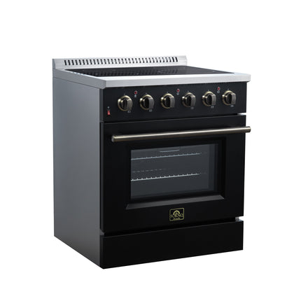 Galiano 30 Inch Freestanding Electric range, 4 radiant burners, 4.32 cf. True Convection oven, Air fryer kit, Black FORNO