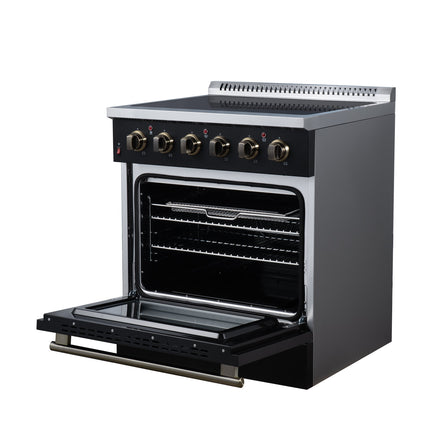 Galiano 30 Inch Freestanding Electric range, 4 radiant burners, 4.32 cf. True Convection oven, Air fryer kit, Black FORNO