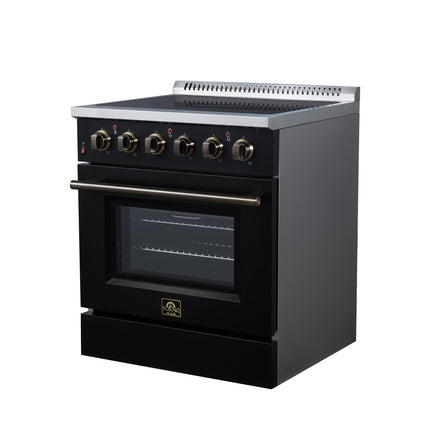 Galiano 30 Inch Freestanding Electric range, 4 radiant burners, 4.32 cf. True Convection oven, Air fryer kit, Black FORNO