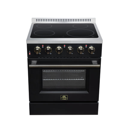 Galiano 30 Inch Freestanding Electric range, 4 radiant burners, 4.32 cf. True Convection oven, Air fryer kit, Black FORNO