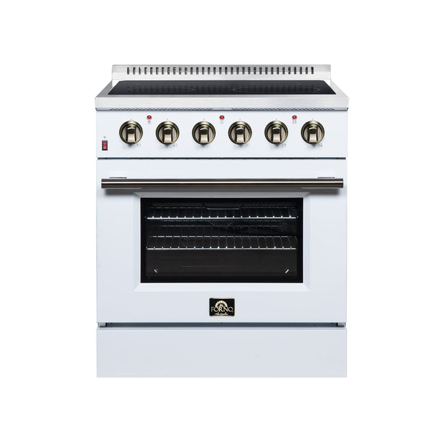 Galiano 30 Inch Freestanding Electric range, 4 radiant burners, 4.32 cf. True Convection oven, Air fryer kit, White FORNO