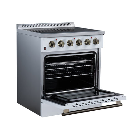Galiano 30 Inch Freestanding Electric range, 4 radiant burners, 4.32 cf. True Convection oven, Air fryer kit, White FORNO