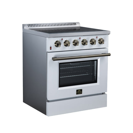 Galiano 30 Inch Freestanding Electric range, 4 radiant burners, 4.32 cf. True Convection oven, Air fryer kit, White FORNO