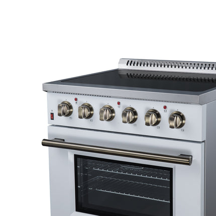 Galiano 30 Inch Freestanding Electric range, 4 radiant burners, 4.32 cf. True Convection oven, Air fryer kit, White FORNO