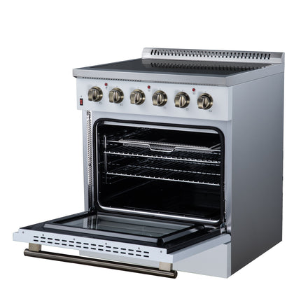 Galiano 30 Inch Freestanding Electric range, 4 radiant burners, 4.32 cf. True Convection oven, Air fryer kit, White FORNO