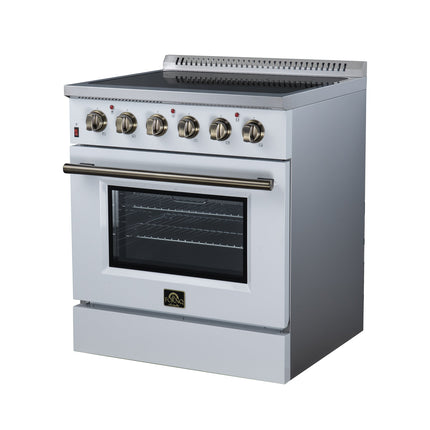Galiano 30 Inch Freestanding Electric range, 4 radiant burners, 4.32 cf. True Convection oven, Air fryer kit, White FORNO
