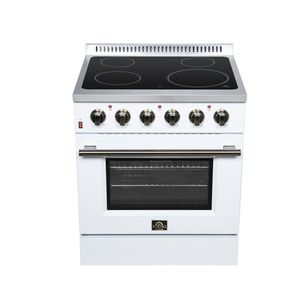 Galiano 30 Inch Freestanding Electric range, 4 radiant burners, 4.32 cf. True Convection oven, Air fryer kit, White FORNO