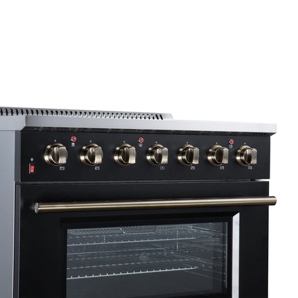 Galiano 36 Inch Freestanding Electric range, 5 radiant burners, 5.36 cf. True Convection oven, Air fryer kit, Black FORNO