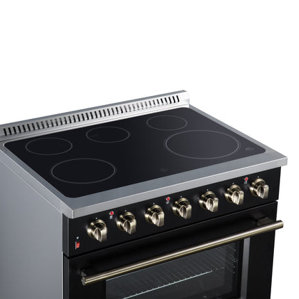 Galiano 36 Inch Freestanding Electric range, 5 radiant burners, 5.36 cf. True Convection oven, Air fryer kit, Black FORNO