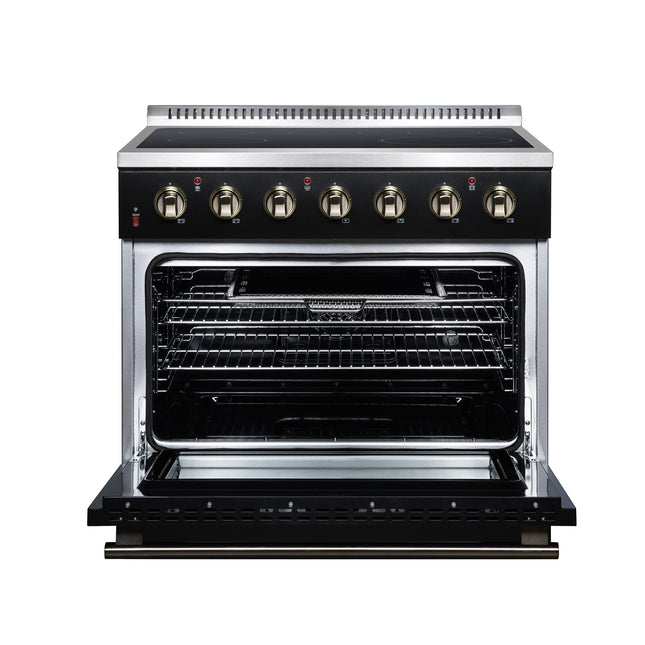 Galiano 36 Inch Freestanding Electric range, 5 radiant burners, 5.36 cf. True Convection oven, Air fryer kit, Black FORNO