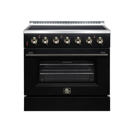 Galiano 36 Inch Freestanding Electric range, 5 radiant burners, 5.36 cf. True Convection oven, Air fryer kit, Black FORNO