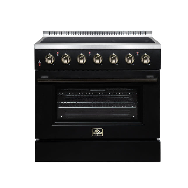Galiano 36 Inch Freestanding Electric range, 5 radiant burners, 5.36 cf. True Convection oven, Air fryer kit, Black FORNO