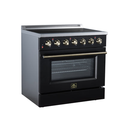 Galiano 36 Inch Freestanding Electric range, 5 radiant burners, 5.36 cf. True Convection oven, Air fryer kit, Black FORNO