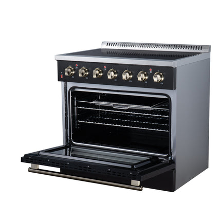 Galiano 36 Inch Freestanding Electric range, 5 radiant burners, 5.36 cf. True Convection oven, Air fryer kit, Black FORNO