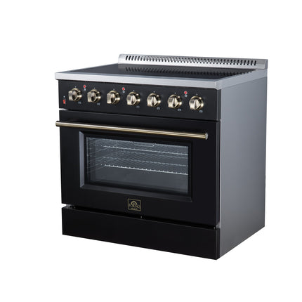 Galiano 36 Inch Freestanding Electric range, 5 radiant burners, 5.36 cf. True Convection oven, Air fryer kit, Black FORNO