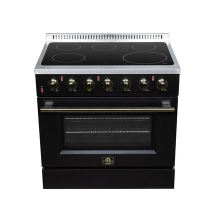 Galiano 36 Inch Freestanding Electric range, 5 radiant burners, 5.36 cf. True Convection oven, Air fryer kit, Black FORNO