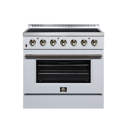 Galiano 36 Inch Freestanding Electric range, 5 radiant burners, 5.36 cf. True Convection oven, Air fryer kit, White FORNO