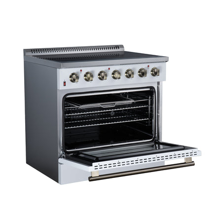 Galiano 36 Inch Freestanding Electric range, 5 radiant burners, 5.36 cf. True Convection oven, Air fryer kit, White FORNO