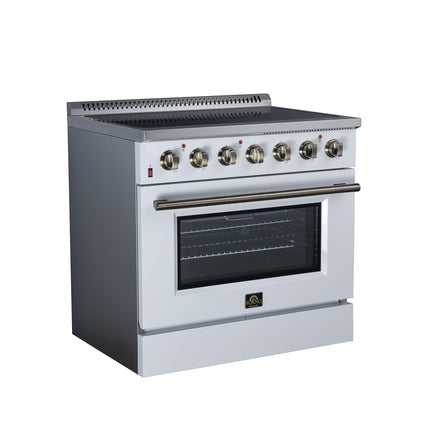 Galiano 36 Inch Freestanding Electric range, 5 radiant burners, 5.36 cf. True Convection oven, Air fryer kit, White FORNO