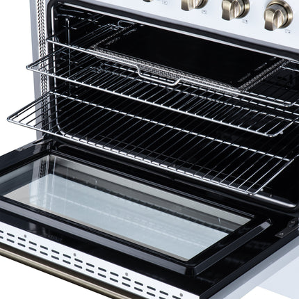 Galiano 36 Inch Freestanding Electric range, 5 radiant burners, 5.36 cf. True Convection oven, Air fryer kit, White FORNO