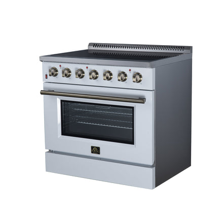 Galiano 36 Inch Freestanding Electric range, 5 radiant burners, 5.36 cf. True Convection oven, Air fryer kit, White FORNO