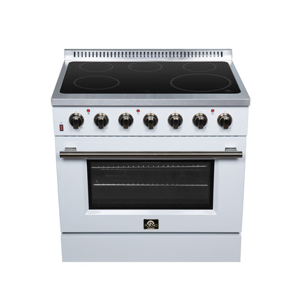 Galiano 36 Inch Freestanding Electric range, 5 radiant burners, 5.36 cf. True Convection oven, Air fryer kit, White FORNO