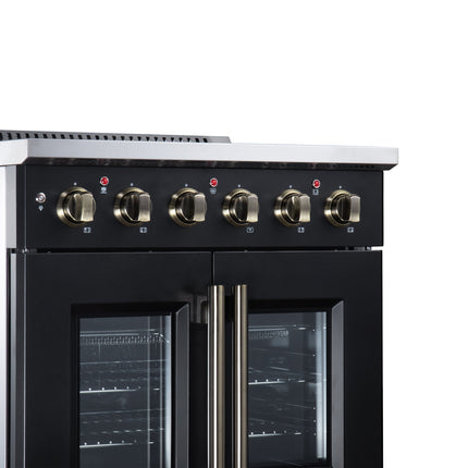 Galiano 30 Inch French Door Electric range, 4 radiant burners, 4.32 cf. True Convection oven, Air fryer kit, Black FORNO