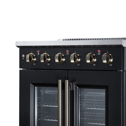 Galiano 30 Inch French Door Electric range, 4 radiant burners, 4.32 cf. True Convection oven, Air fryer kit, Black FORNO