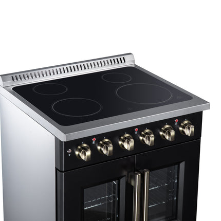 Galiano 30 Inch French Door Electric range, 4 radiant burners, 4.32 cf. True Convection oven, Air fryer kit, Black FORNO
