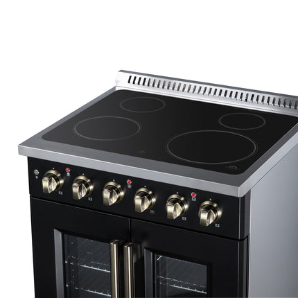 Galiano 30 Inch French Door Electric range, 4 radiant burners, 4.32 cf. True Convection oven, Air fryer kit, Black FORNO