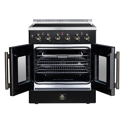 Galiano 30 Inch French Door Electric range, 4 radiant burners, 4.32 cf. True Convection oven, Air fryer kit, Black FORNO