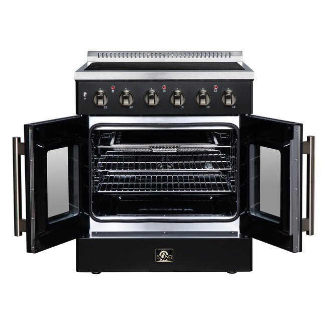 Galiano 30 Inch French Door Electric range, 4 radiant burners, 4.32 cf. True Convection oven, Air fryer kit, Black FORNO