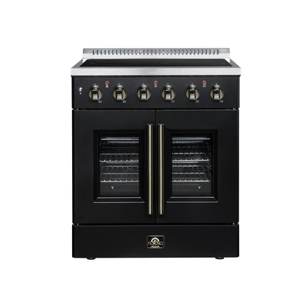 Galiano 30 Inch French Door Electric range, 4 radiant burners, 4.32 cf. True Convection oven, Air fryer kit, Black FORNO