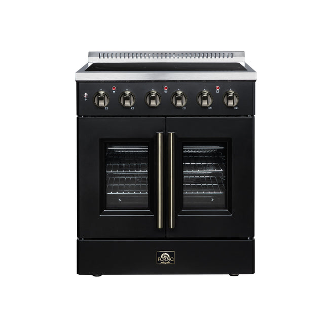 Galiano 30 Inch French Door Electric range, 4 radiant burners, 4.32 cf. True Convection oven, Air fryer kit, Black FORNO